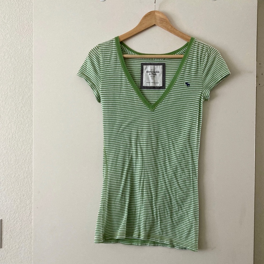 Abercrombie & Fitch Green and White Striped V-Neck